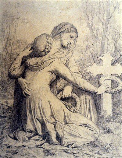 Rouwende vrouwen knielend bij graf door William Adolphe Bouguereau